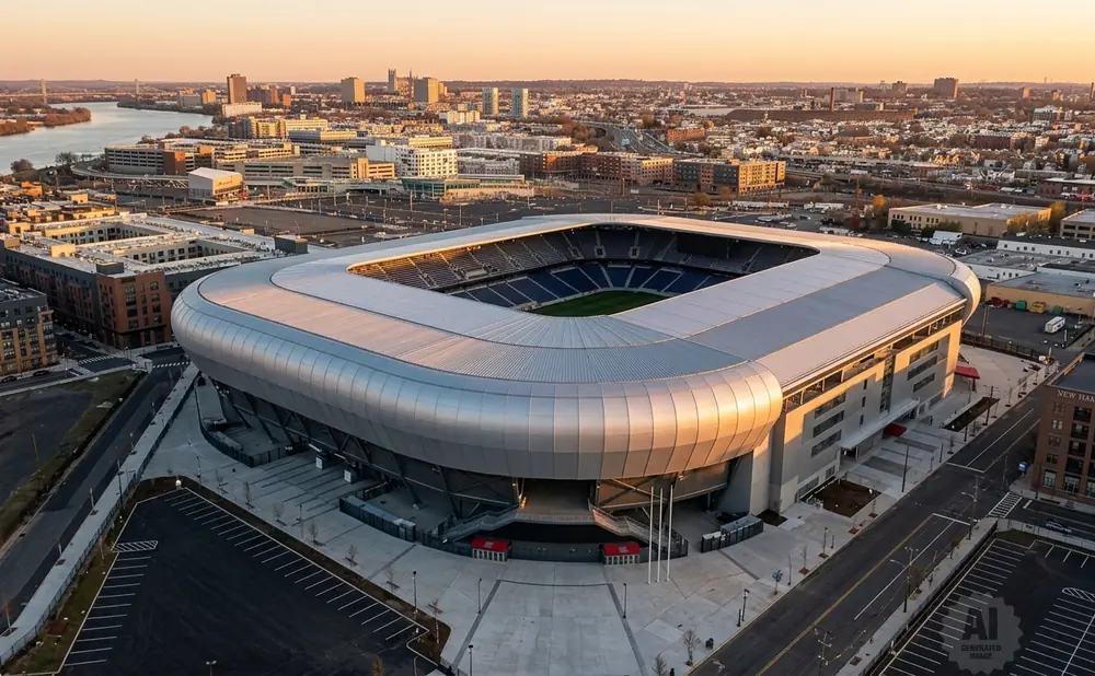 Drone view of a modern soccer stadium at sunset, with a cityscape and river in the background.