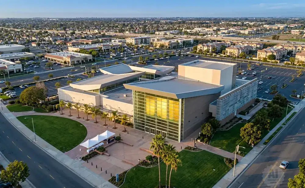 Aerial view of a modern convention center with a glass facade, surrounded by parking lots and suburban buildings.