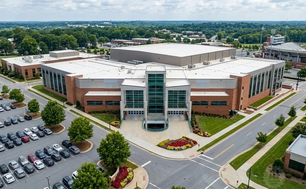 Aerial view of a large brick and glass building with a white roof, surrounded by trees and a parking lot.