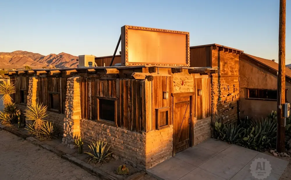 Rustic desert building with wooden walls, stone foundation, and a large blank marquee under a clear sky.