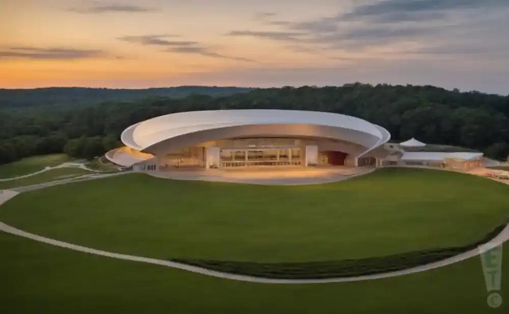 A modern, curved building sits on a grassy hill at sunset, with a treed backdrop.