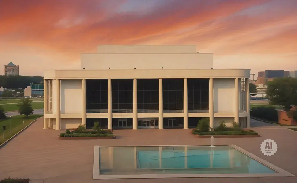 A modern building with large windows and columns, fronted by a reflecting pool at sunset.