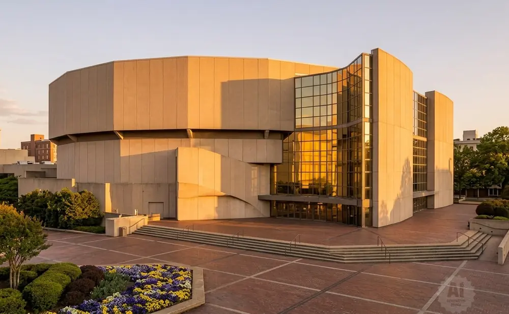 Modern concrete building with glass facade, tiered plaza, and flowerbeds in warm sunset light.