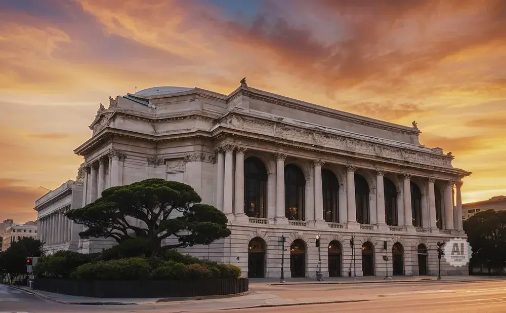 Grand Beaux-Arts building with a domed roof, columns, and arched windows under a dramatic sunset sky.