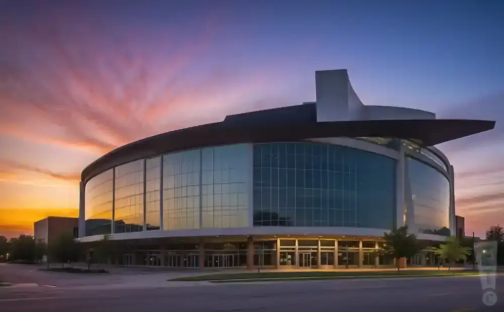 Modern building with large glass windows at sunset.