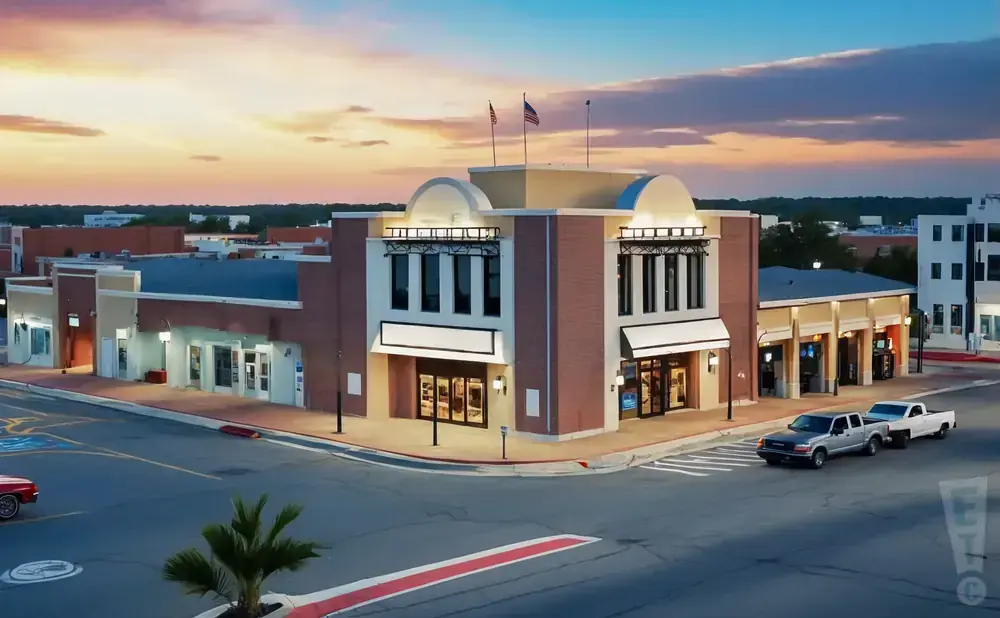 A modern building with brick accents and large windows at sunset. Two trucks are parked out front.
