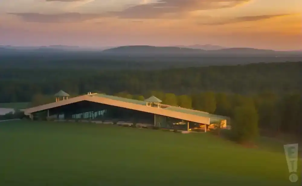 An aerial view of a large, long building with a sloped roof on a grassy hill during a sunset.