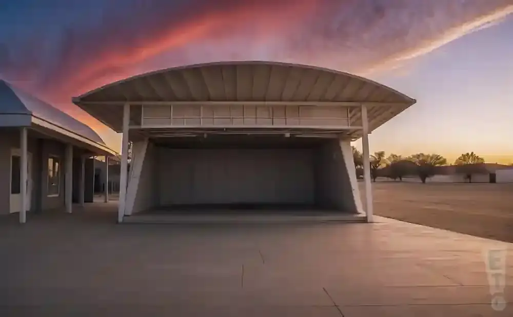 An open-air stage with a curved roof sits on a concrete plaza under a dramatic, colorful sunset.