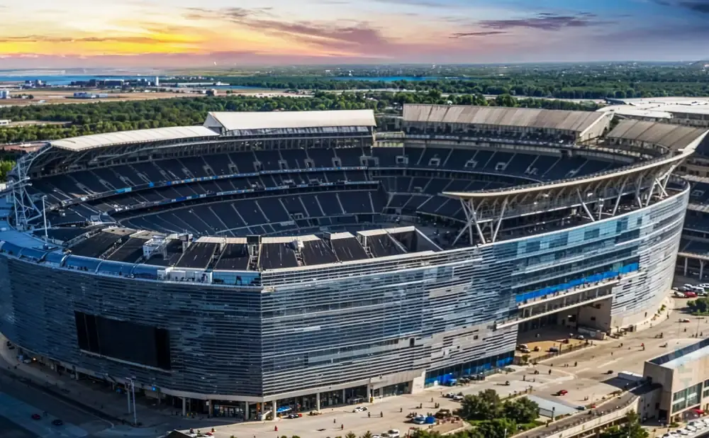 Aerial view of a modern stadium with a sleek, glass-paneled exterior under a sunset sky.