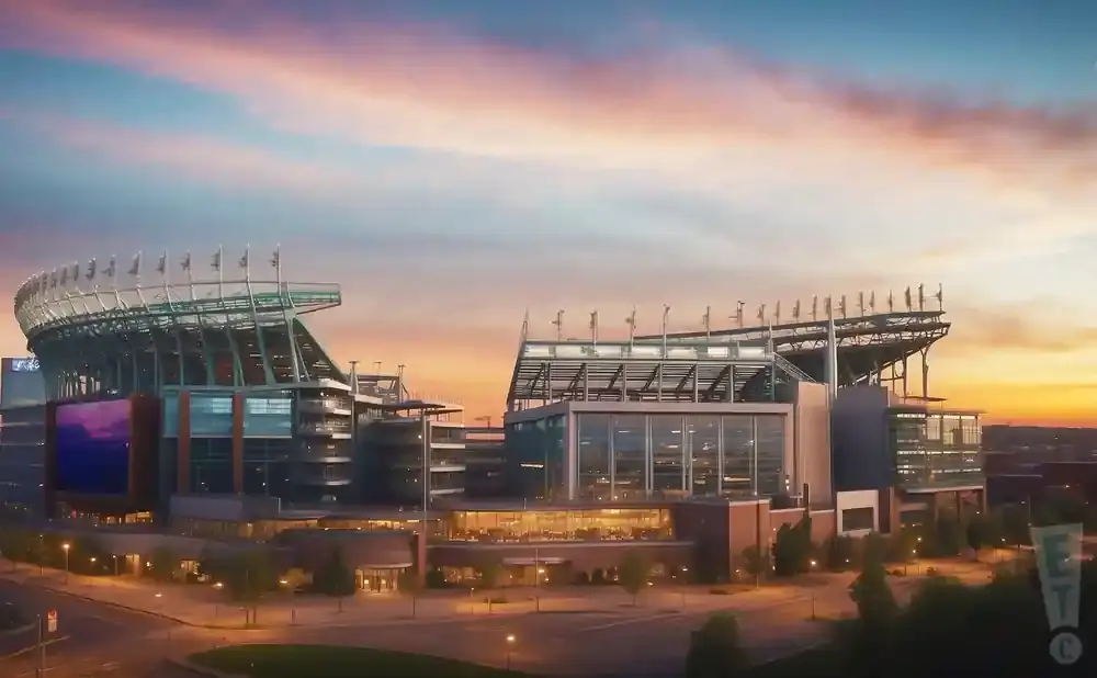 Exterior view of a stadium at sunset.
