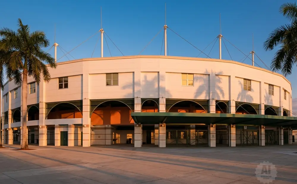 A curved, white building with arched entrances and palm trees under a clear blue sky.