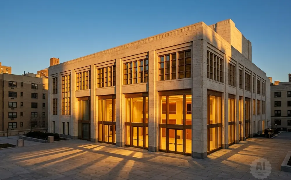 A modern building with stone facade and large windows glows in warm sunset light.