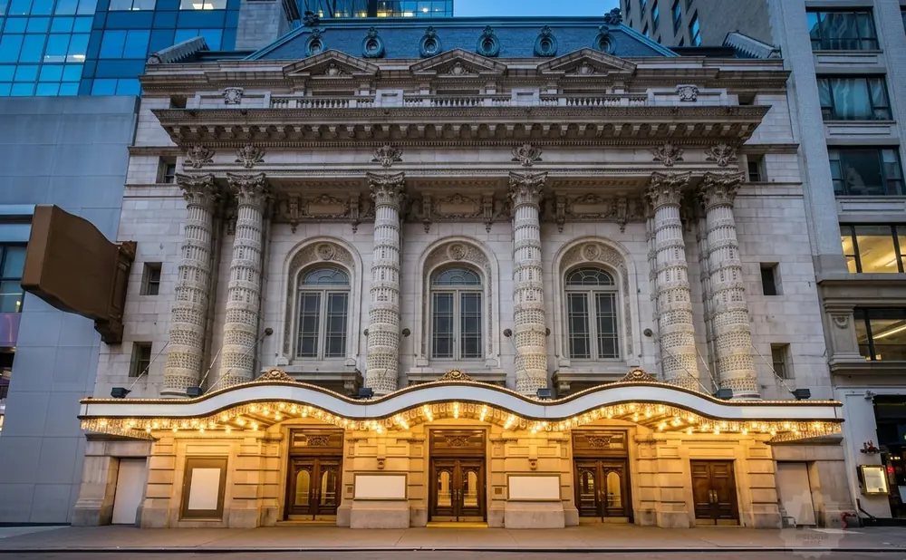 Grand theater entrance with ornate architecture and illuminated marquee.