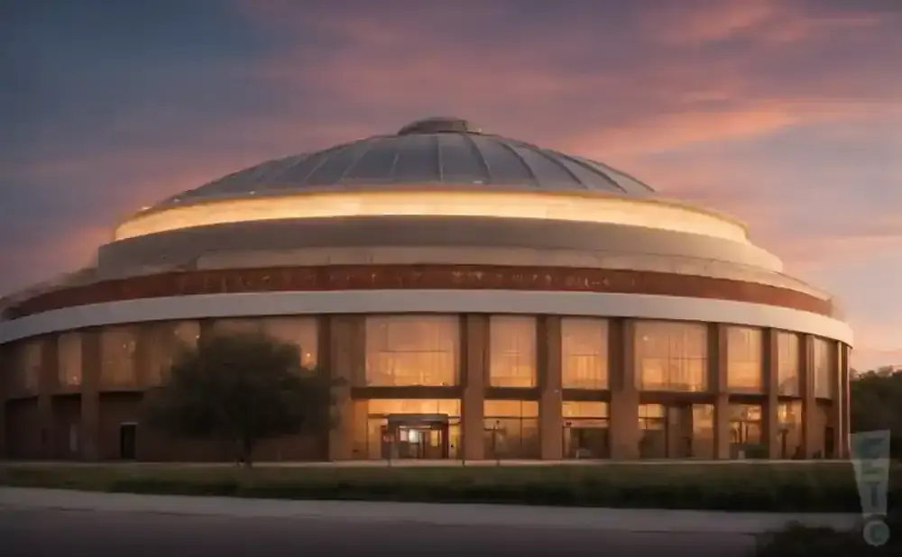 A circular building with a domed roof and large windows is illuminated against a sunset sky.