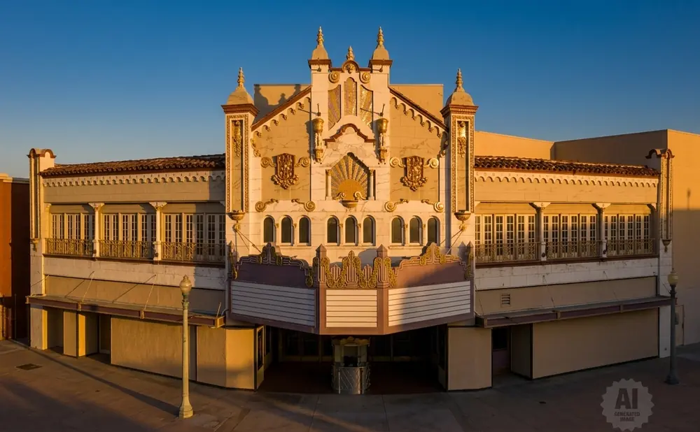 An ornate theater facade bathed in warm sunset light, featuring detailed gold accents and a marquee.