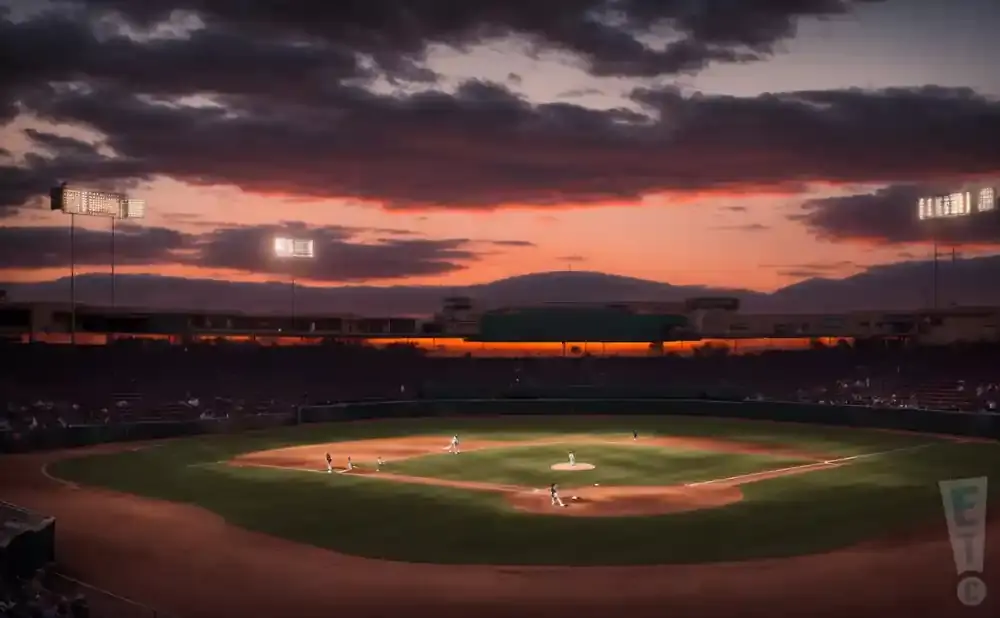 A baseball field at dusk with dramatic clouds and stadium lights.