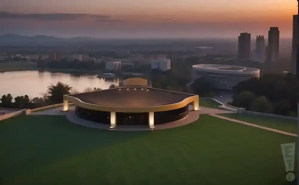 Drone view of a modern, curved building with a golden overhang on a grassy hill, overlooking a lake and city skyline at sunset.
