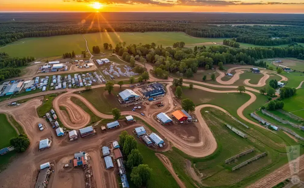 Aerial view of a motocross track with buildings and camping areas under a sunset.