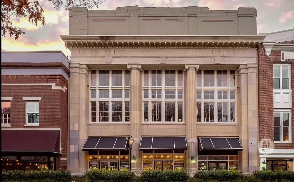 Exterior of a grand building with large windows, classical columns, and awnings, set against a cloudy sky.