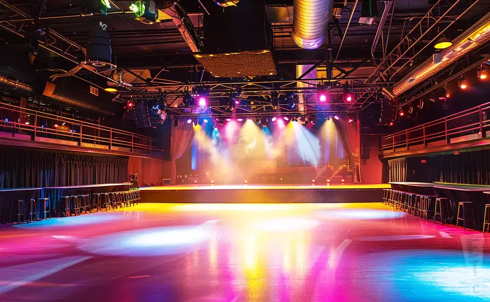 An empty concert venue with colorful stage lighting and scattered stools.
