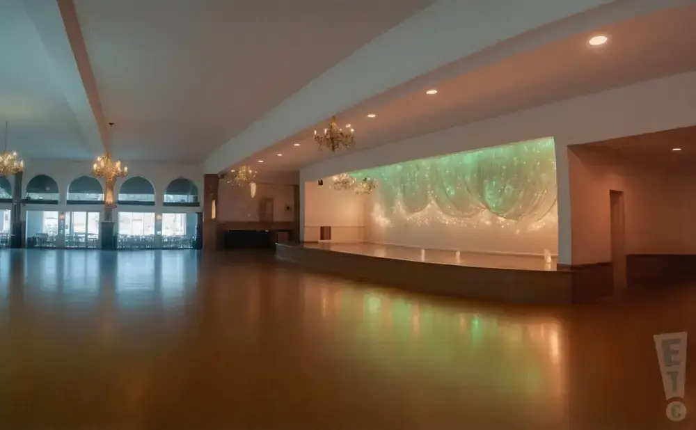 A spacious ballroom with a polished wooden floor, arched windows, chandeliers, and a stage with decorative lighting.