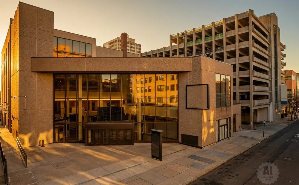 Modern building with large glass windows reflecting sunlight and nearby buildings, next to a multi-story parking garage.