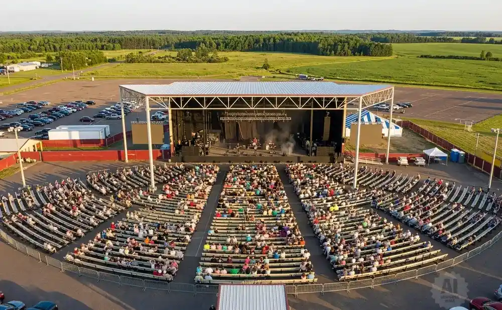 Aerial view of an outdoor concert with a band performing on stage and a large audience seated in an amphitheater.