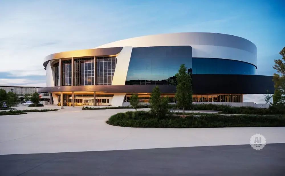 Modern curved arena with large glass windows and sleek white and black exterior, at dusk.