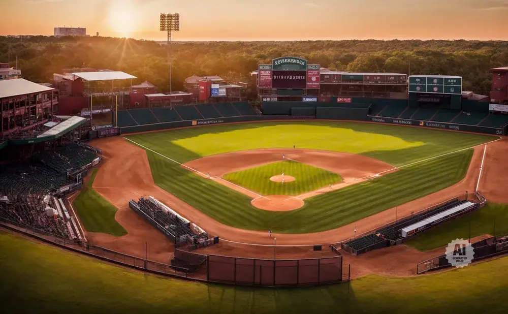 Aerial view of a baseball stadium at sunset, with the field, stands, and surrounding trees bathed in warm light.