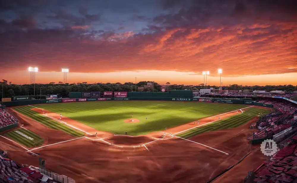 A baseball field at sunset with a dramatic orange sky.