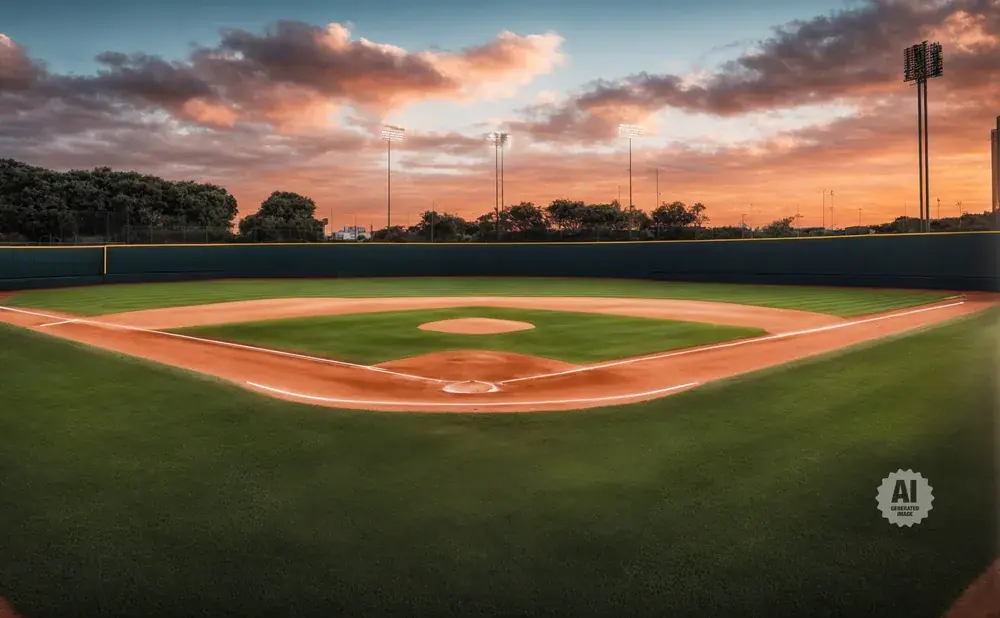 Baseball field at sunset with dramatic clouds and stadium lights.