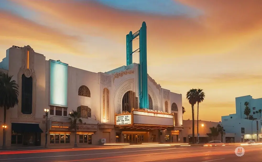 Art deco theater facade at sunset with palm trees and streetlights.