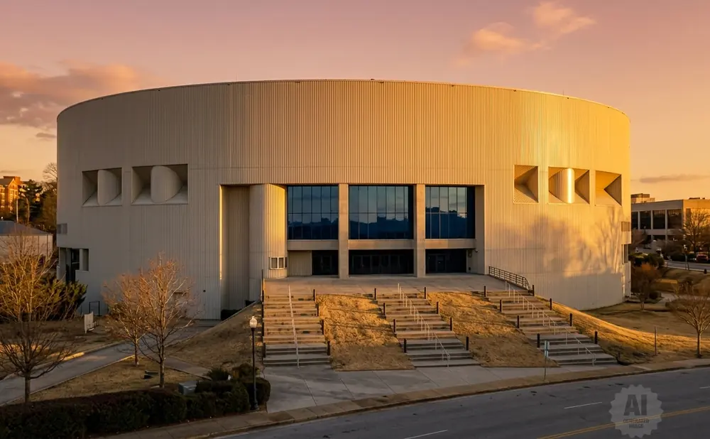 A circular building with large windows and tiered stairs leading up to its entrance during sunset.