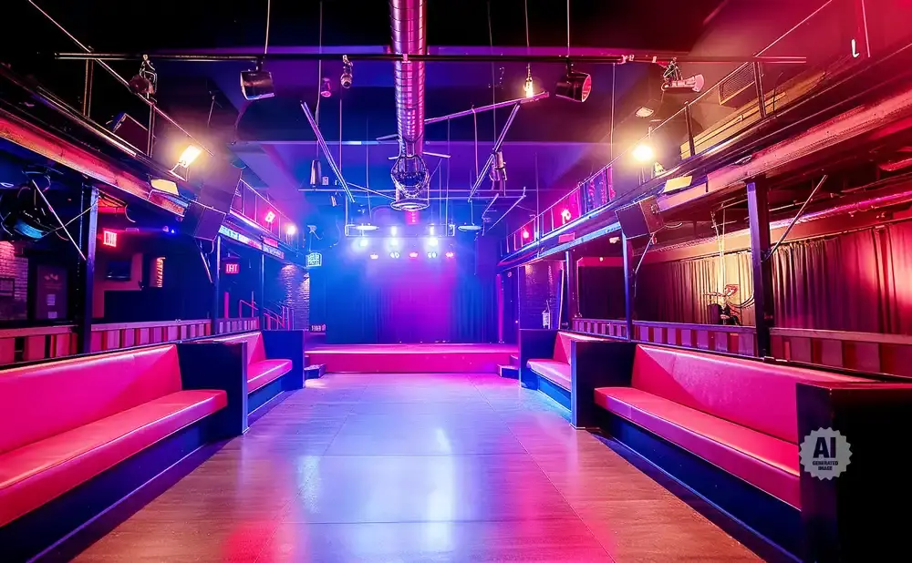An empty nightclub with a stage, dance floor, and red velvet seating, lit by colorful stage lights.