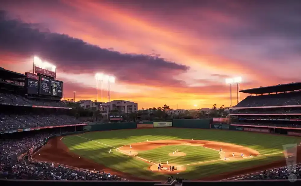 A baseball stadium at sunset with dramatic orange and purple clouds.