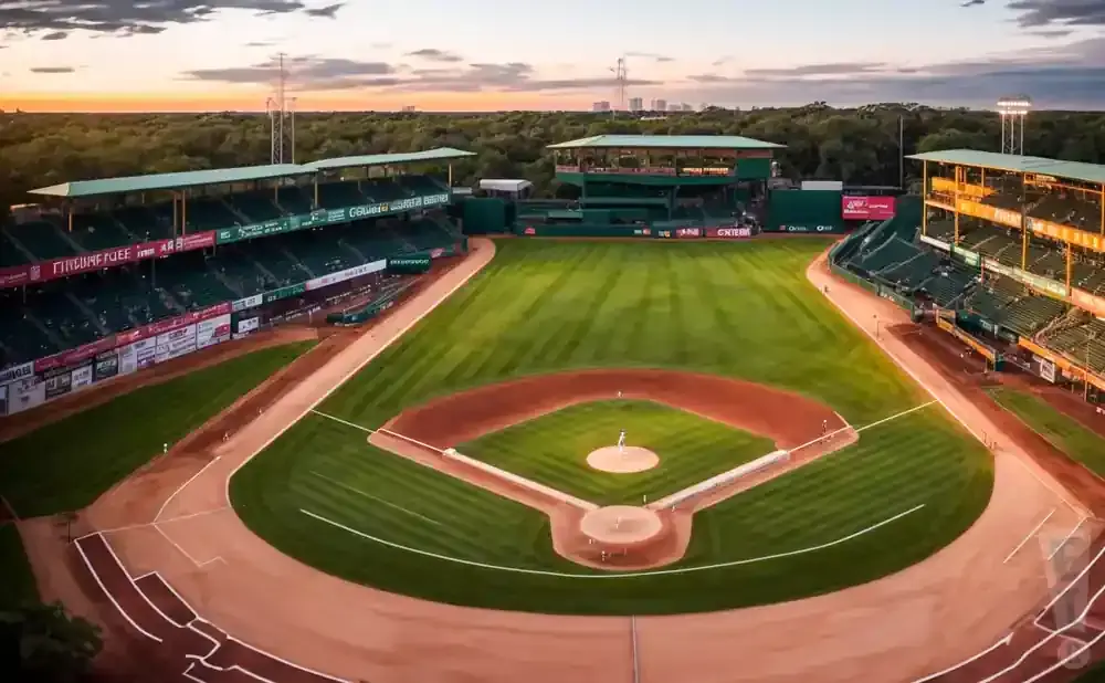 Aerial view of a baseball stadium at sunset.