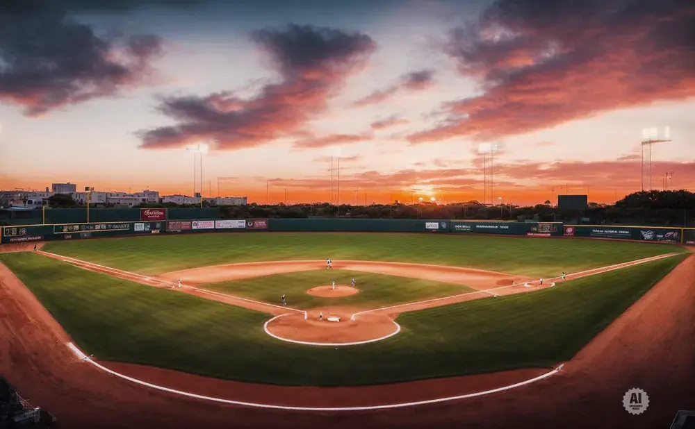 A baseball field at sunset, with a colorful sky and lights on.