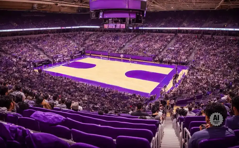 A high-angle shot of a packed basketball arena with purple seats and court.