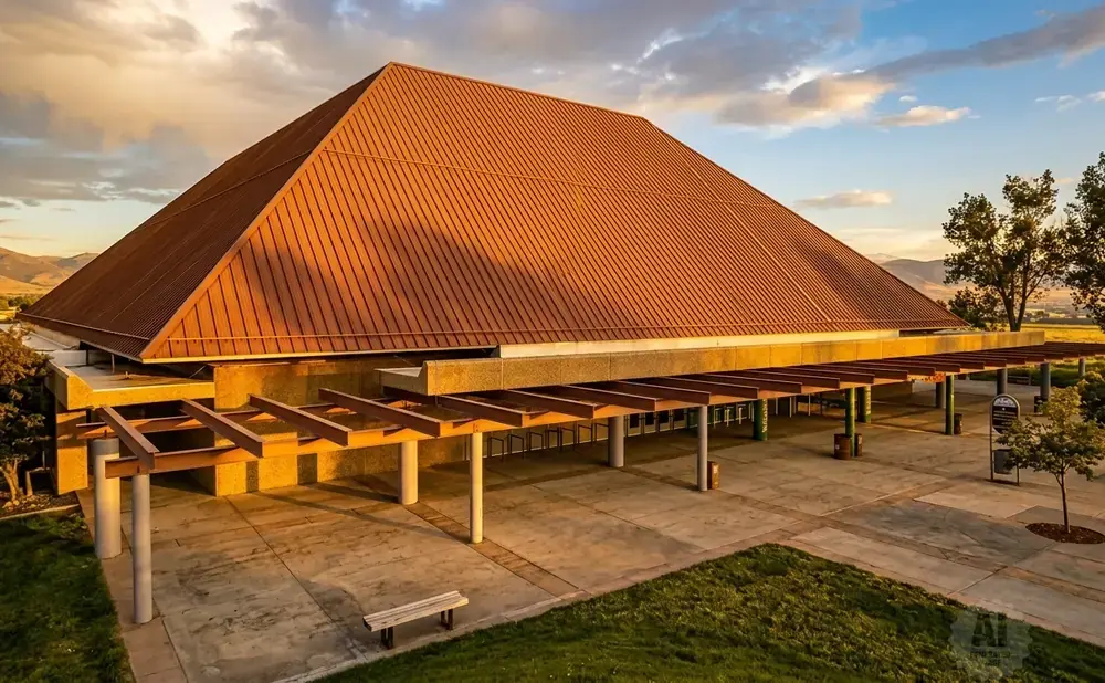A modern building with a large, copper-colored pyramidal roof and covered walkway.