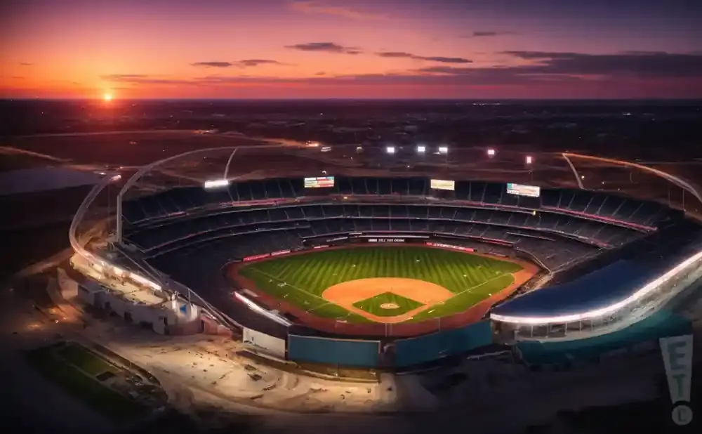 Aerial view of a baseball stadium at sunset with a vibrant purple and orange sky.