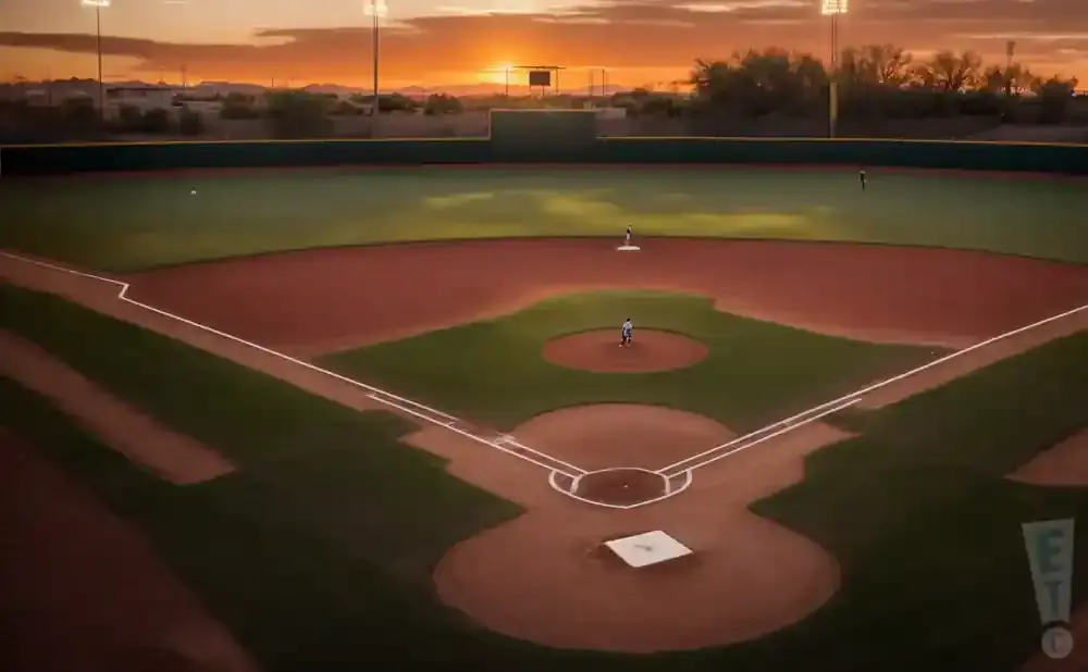 Baseball field at sunset with players on the field.