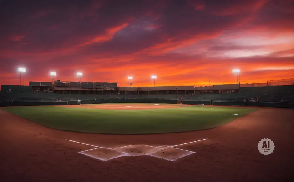 Baseball stadium at sunset with vibrant orange and purple clouds.