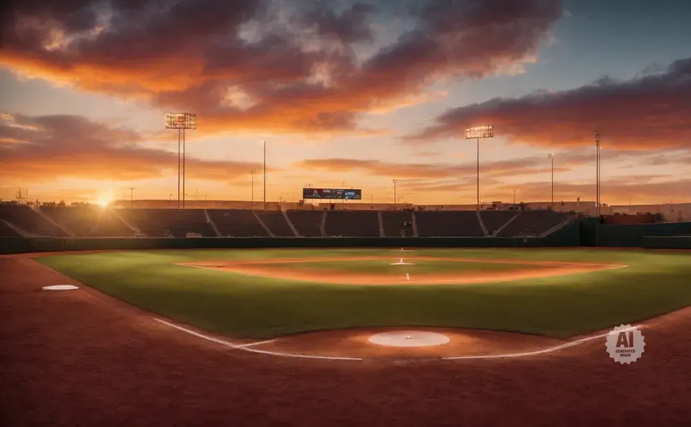 A baseball field at sunset with dramatic orange clouds and stadium lights.