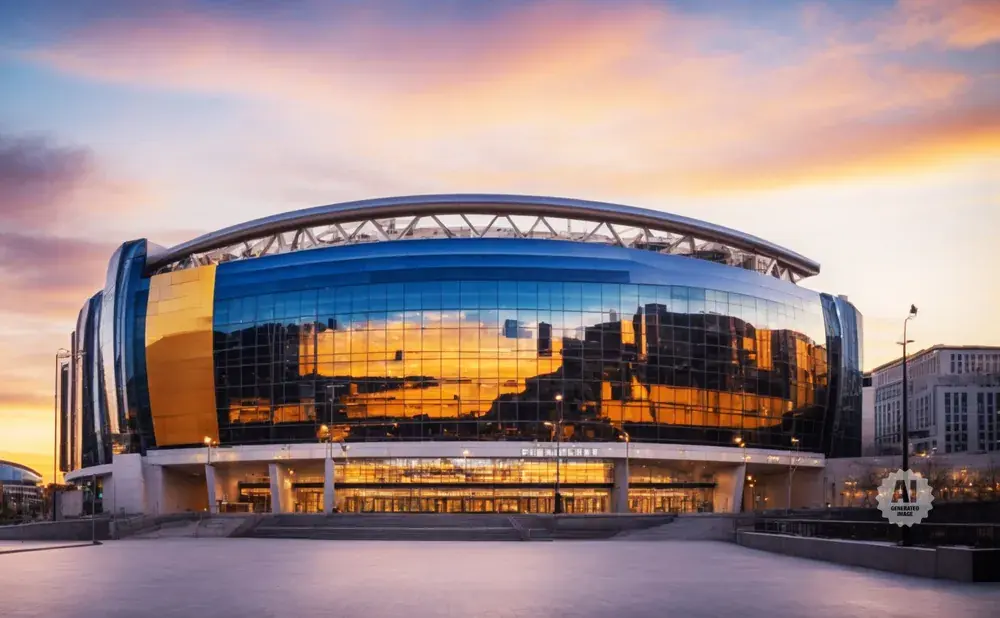 A modern stadium with a blue and gold glass exterior reflects a colorful sunset and city skyline.