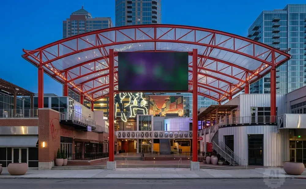 Modern outdoor plaza with red-framed canopy, large screen, and surrounding buildings.