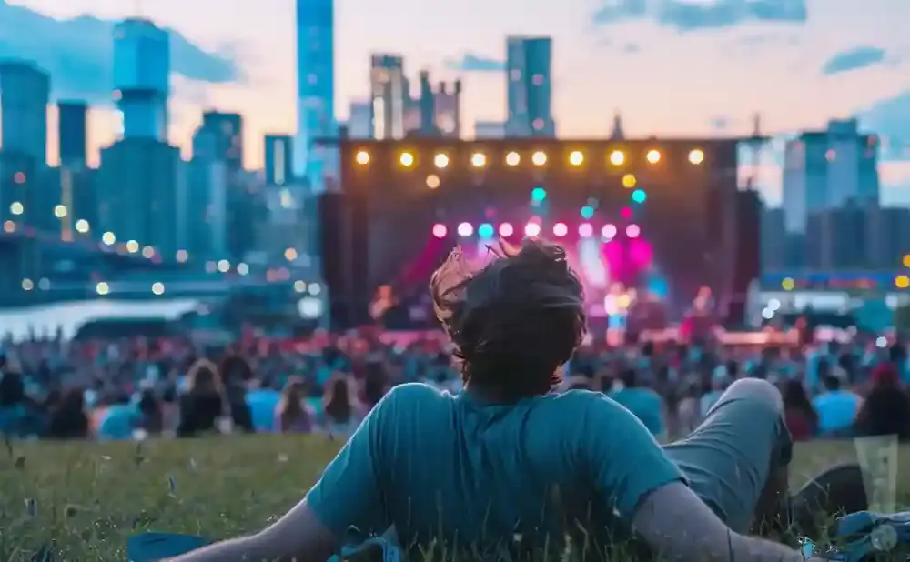 Man relaxes on grass watching a concert with a city skyline at sunset.