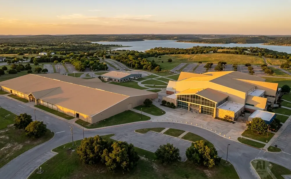 Aerial view of a large complex with multiple buildings, parking lots, and a body of water in the distance at sunset.