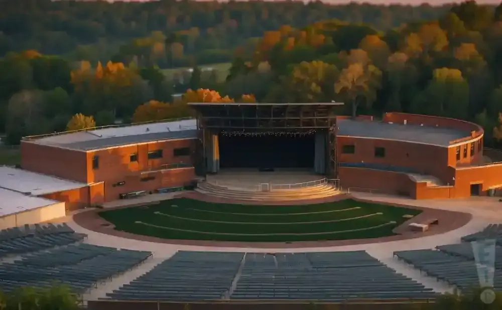 Outdoor amphitheater with a stage, grassy seating area, and rows of seats, framed by brick buildings and trees.