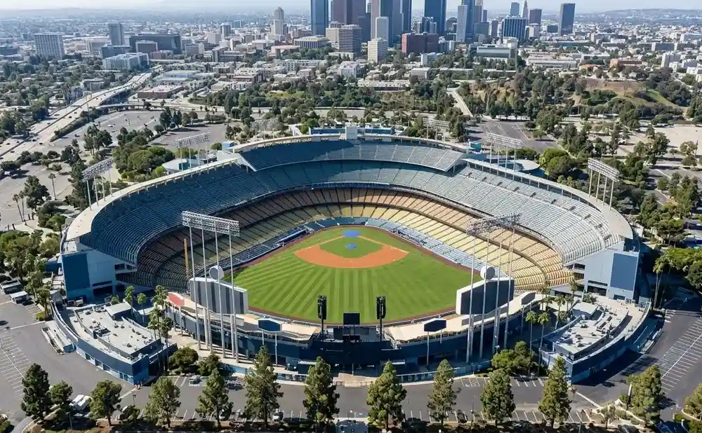 Aerial view of Dodger Stadium in Los Angeles, showing the baseball field and surrounding parking lots with the city skyline in the background.