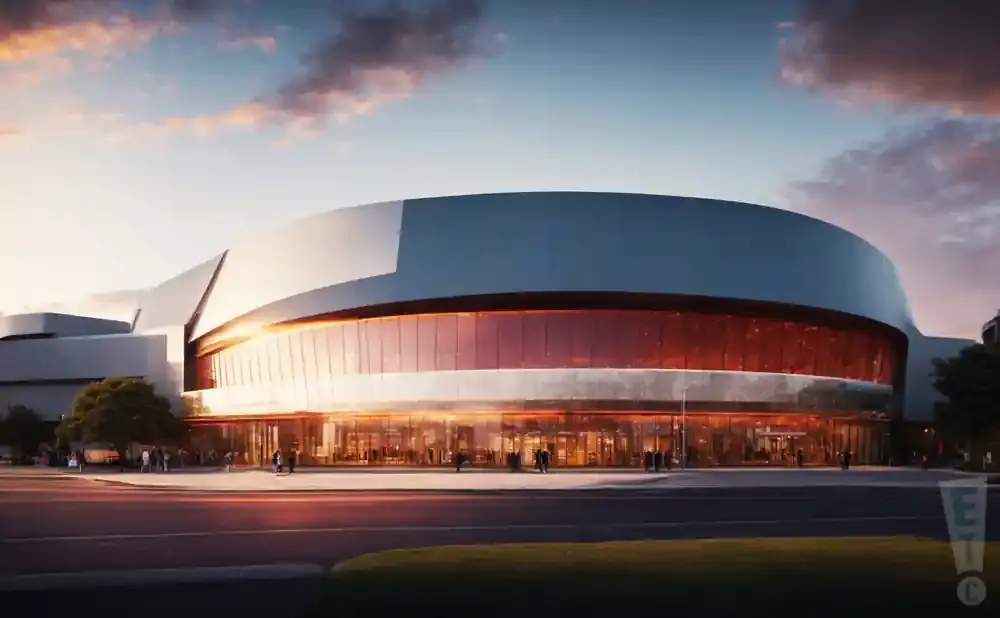 Exterior view of a modern arena with large glass windows and a curved, metallic roof at sunset.